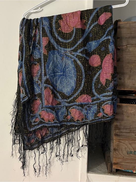 Accessories - Floral Lilypad and Lotus Scarf/Pashmina/Shawl with Gold Thread and Fringe